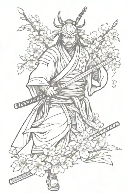 Samurai With Katana Sakura Flowers And Samurai Mask