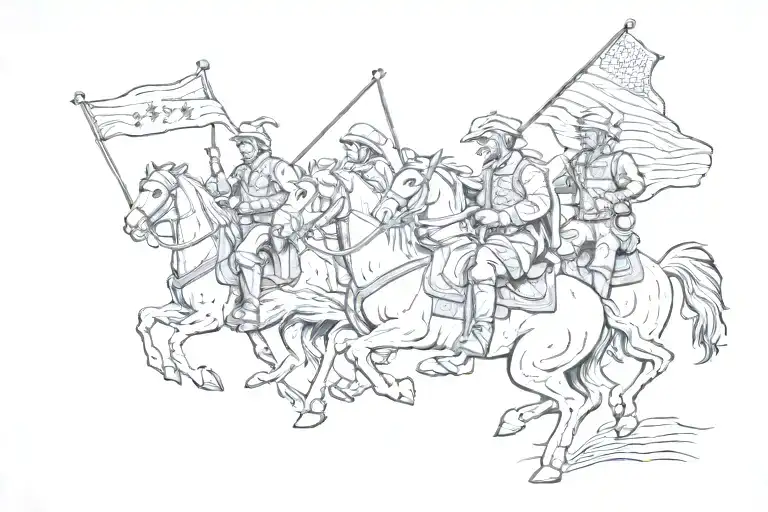 Four Men Riding A Horse Holding A Flag That Says Heaps
