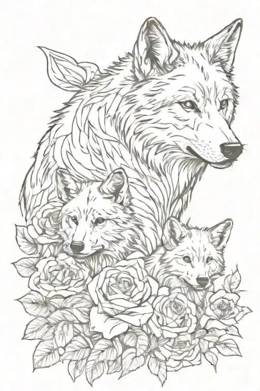 Wolf With Cubs Intertwined With Roses