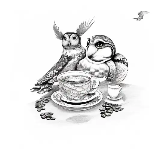 A Whimsical Scene Of A Turtle And Owl Having Coffee And Tea