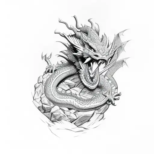 Dragon Head Sitting On Boulder With Vines