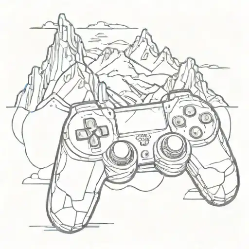 A Sketch Style Tattoo Of A Video Game Controller Morphing Into A Majestic Mountain Range