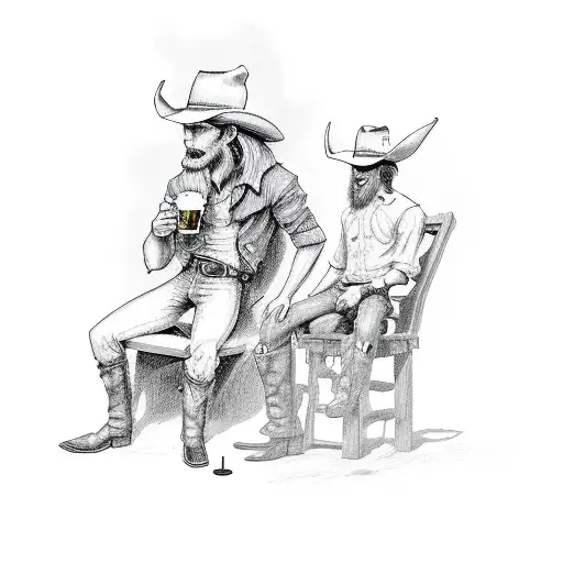 A Cowboy Having A Beer With The Devil Sitted On A Wooden Stool