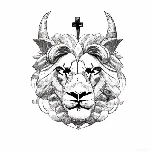 Lamb And A Lion Next To A Religious Cross