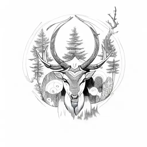 Forest With Capricorn Head In The Middle And Broken Clokc On Top