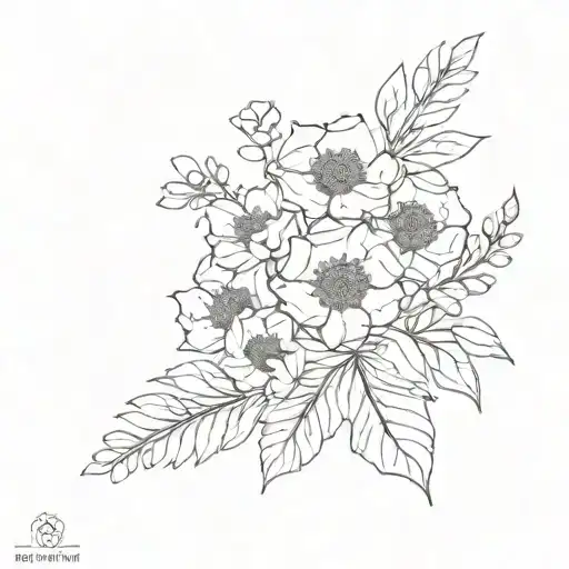 A Blackwork Minimalistic Tattoo Of A Bouquet Combining May And December Birth Flowers