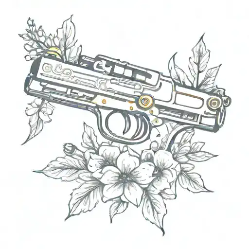 A Sketch Style Tattoo Of A Vintage Gun Surrounded By Wildflowers And Leaves