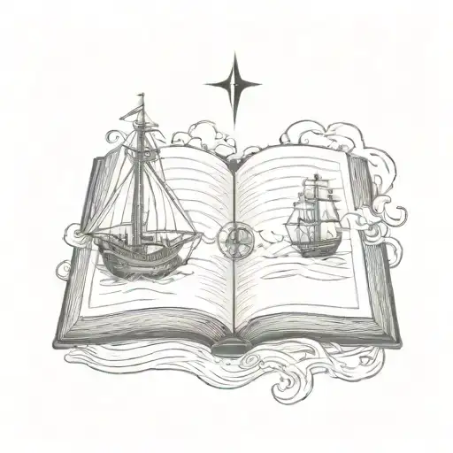 An Open Bible Holding A Ship Sailing Through Treacherous Waters And A Compass