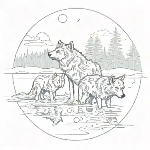 A Wolf Family Swimming In A Moonlit Lake In A Forest