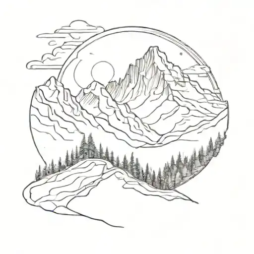 A Sketch Of A Mountain Landscape With The Sun Rising Behind It