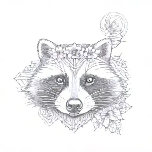 A Raccoon Face With A Flower Crown And Large Geometric Mandala Design Behind It