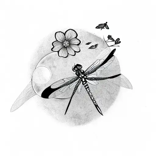 Dragonfly With Flowers And Moon