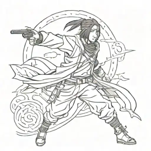 Sketch Style Tattoo Of Itachi Uchiha In His Anbu Black Ops Uniform With A Crow Flying Overhead