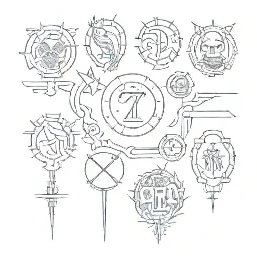 A Minimalist Design Featuring The Seven Mortal Sins As Simple Line Drawings On The Forearm