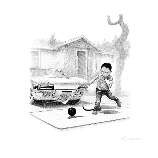 Line Art Family Of Five A Boy Pulling A Car Toy