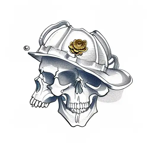 Skull Firefighter With Bourbon And Gold And Blue Flowers In The Background