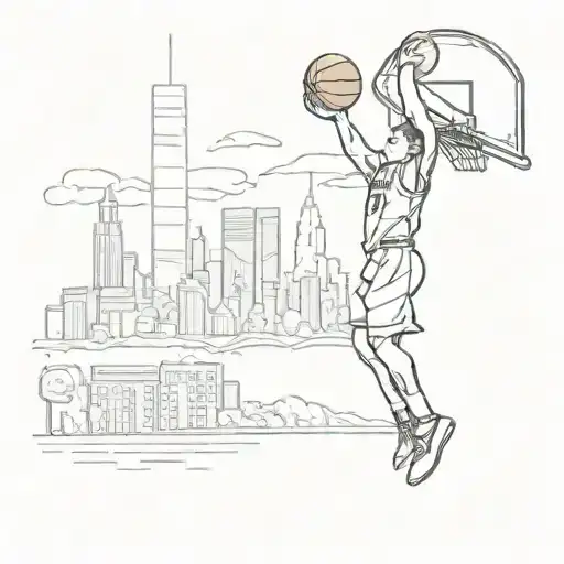 Person Dunking Basketball With New York City Skyline In The Back