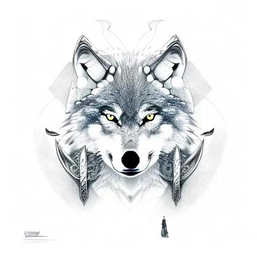 Wolf With Yellow Eyes And A Viking Inside Of The Head Walikng