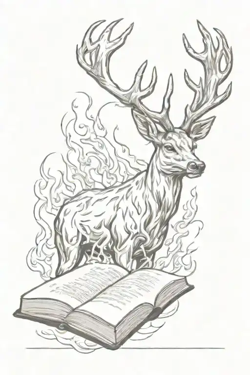Stag Head Over Open Book Surrounded By Fire Flames