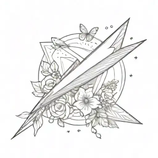 Paper Airplane Flying With A Heart Shape Surrounded By Fine Line Flowers On Forearm