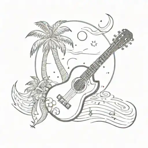 Guitar With Musical Notes Around It With Palm Tree And Moon