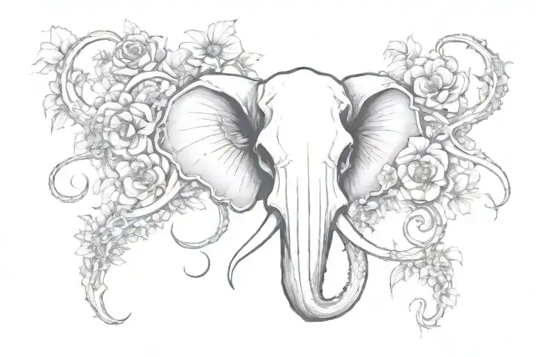 Elephant Octopus Hybrid Animal Skull With Tenticles Surrounded By Gothic Inspired Flowers & Theme