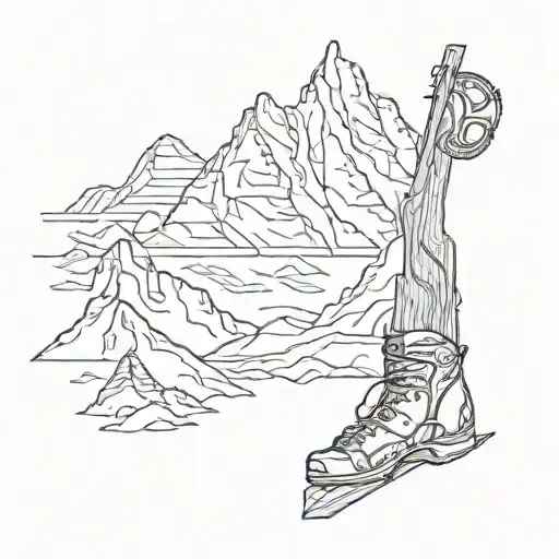 An Abstract Design Incorporating Climbing Gear And Mountain Peaks