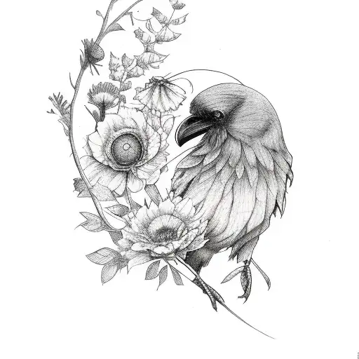 Raven On Books With Flowers