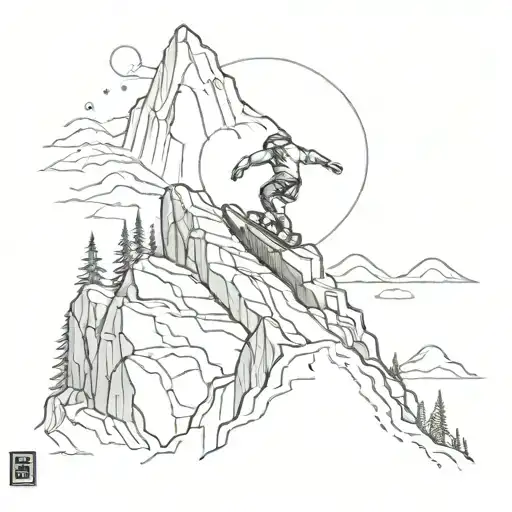 A Tattoo Design Featuring A Mountain Landscape With A Skateboarder Doing A Trick On A Rocky Peak