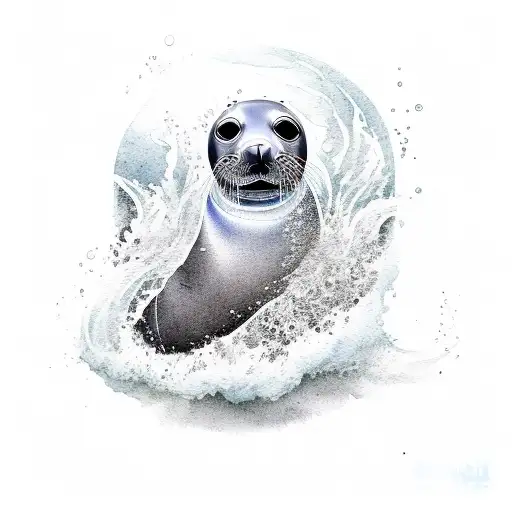 Seal Watercolor Peaking Its Head Out Of The Water Waves Seaguls