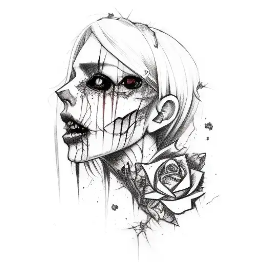 Sketch Tattoo Style Beautiful Zombie Girl All Bloody And Falling Apart Profile