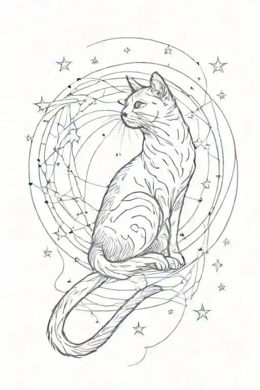 An Ethereal Design Of A Cat Reaching For The Moon Surrounded By Swirling Lines And Stars