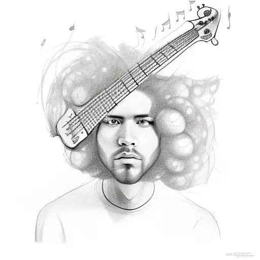 A Sketch-style Portrait Of A Bass Guitar With Musical Notes As Hair