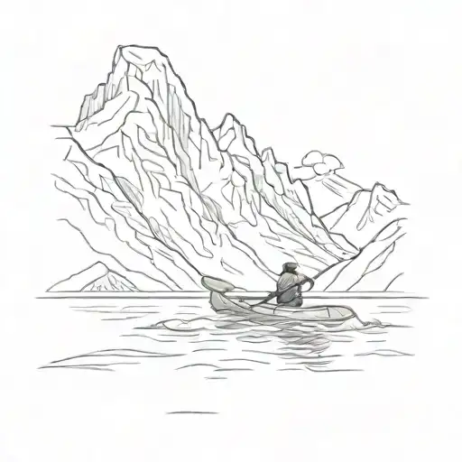 A Sketch Style Tattoo Of A Majestic Glacier Landscape With A Kayak Floating Peacefully On The Water
