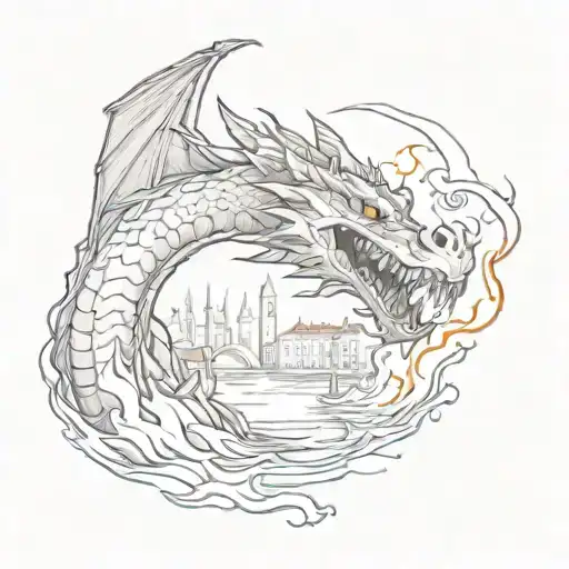 A Sketch Style Tattoo Of A Dragon Breathing Fire Onto The Canals Of Venice In Italy