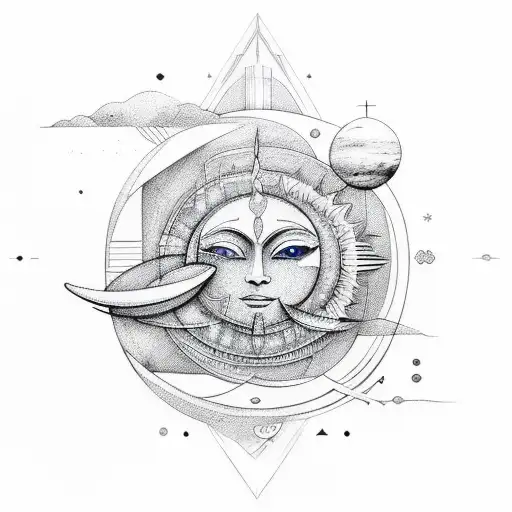 An Abstract Design Incorporating Travel Elements And The Sun And Moon