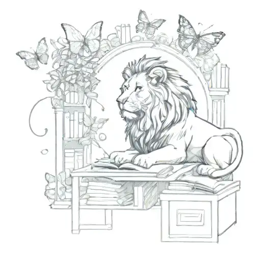 A Whimsical Scene Of A Lion And Butterflies In A Bookstore Setting