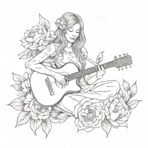 An Abstract Representation Of A Maiden Playing A Guitar Surrounded By Peonies