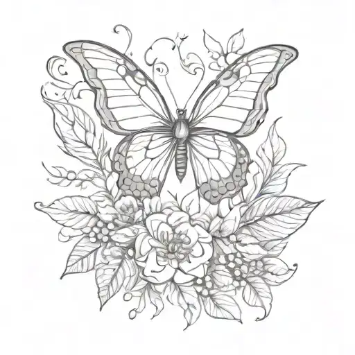 Sketch-style Tattoo Of A Butterfly Emerging From A Cocoon Made Of Forest Leaves And Flowers
