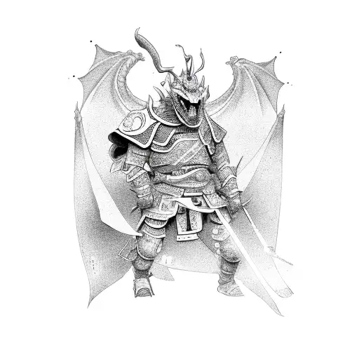 Dragon And Samurai In Sketch Style