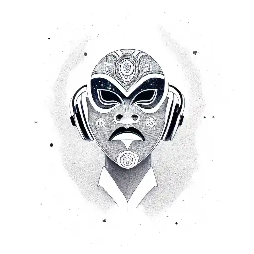 African Mask With Space Elements And Wearing Headphones