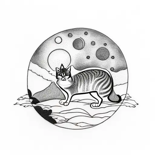 A Blackwork Tattoo Of A Serene Landscape With A Cat Sleeping Under A Moonlit Sky
