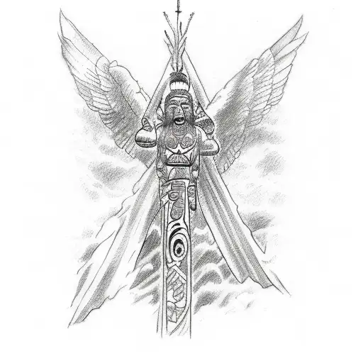 A Sketch-style Tattoo Of A Totem Pole Featuring Biblical Scenes