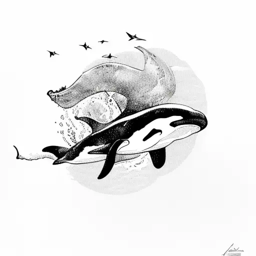 Orca Whale In Water With Duck Flying Above