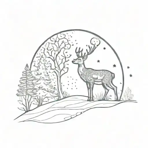 A Black And White Winter Scene With A Deer Gazing At The Moon In The Universe