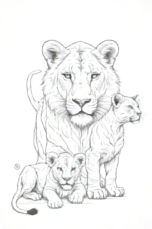 A Lioness With Two Lion Cubs