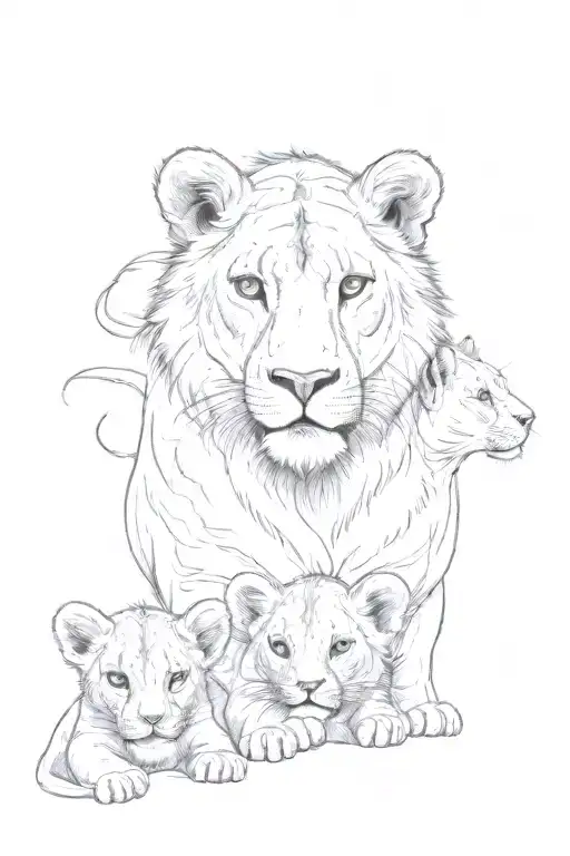 A Lioness With Two Lion Cubs