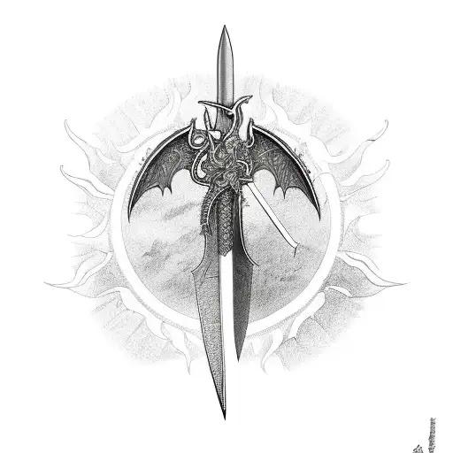 A Sword With Dragon Wings Piercing The Sun Vertically