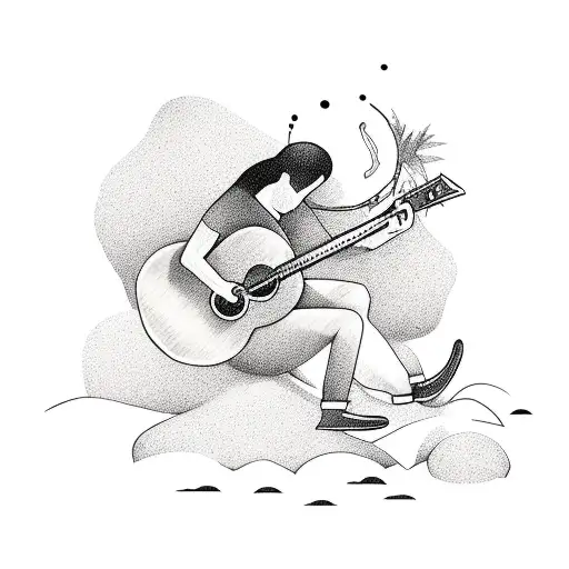 A Minimalist Tattoo Of A Video Game Character Playing A Guitar On A Beach