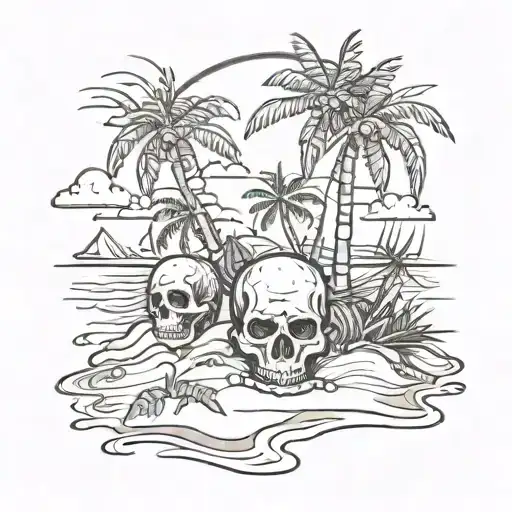 A Sketch Style Tattoo Of A Beach Scene With Palm Trees And A Skull Buried In The Sand